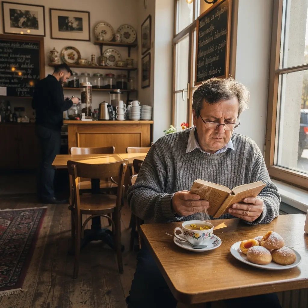 Egy kávézó asztala, ahol Osmanthus virágtea gőzölög.