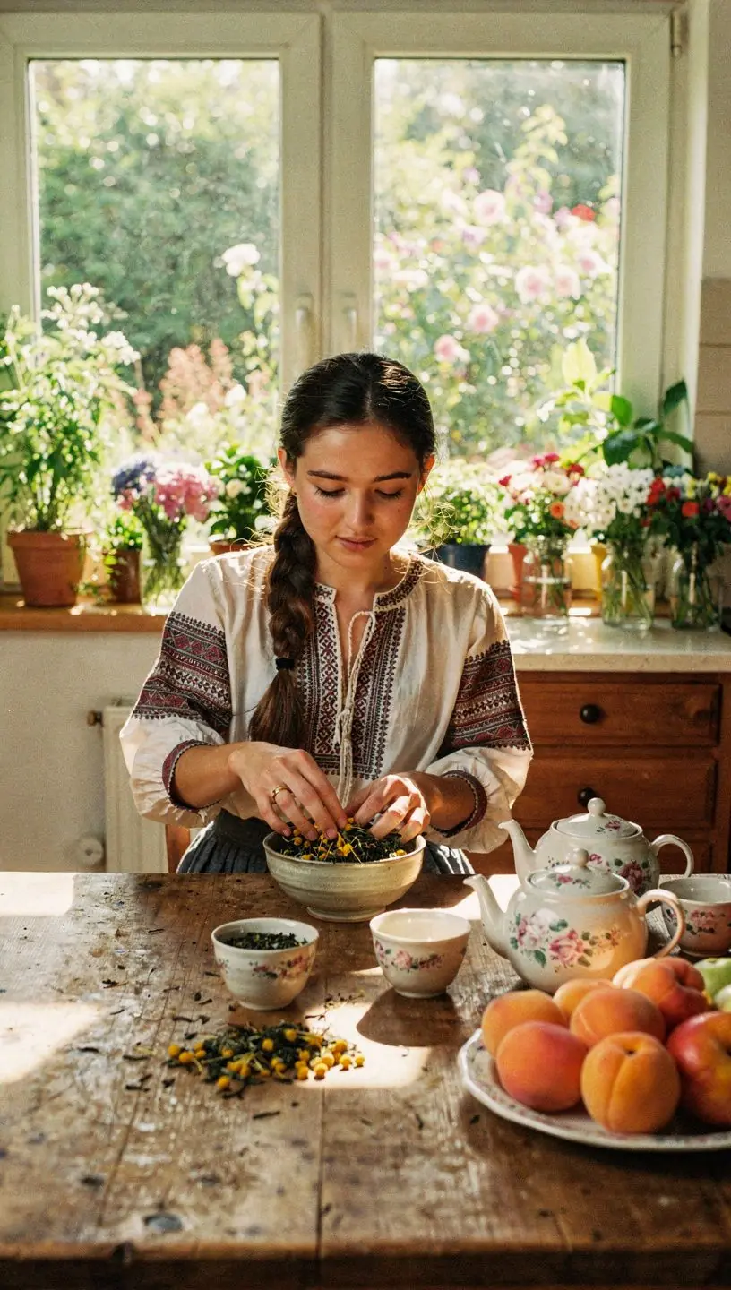 Teázó személy, aki élvezi az oszmanthus virág tea ízét és illatát.